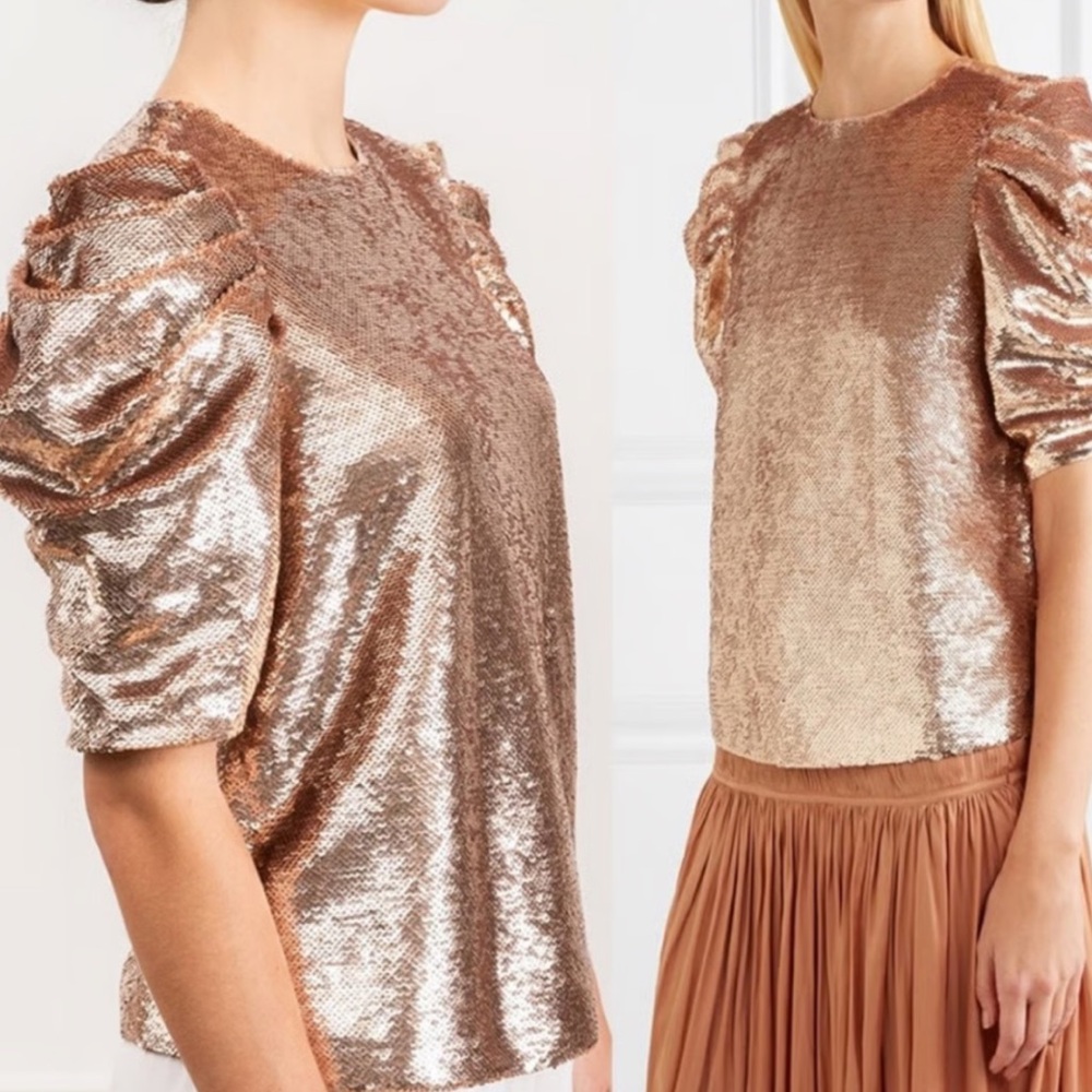ULLA‎ JOHNSON ROSE GOLD SEQUIN PUFF SLEEVE BLOUSE crew neck size 4 top RAE